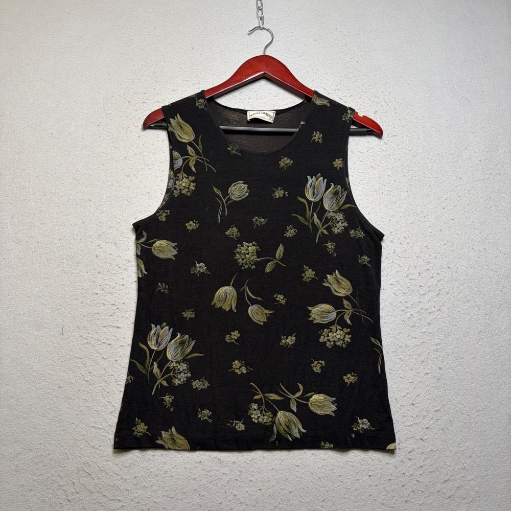 Frazier Lawrence Tank Top Women Medium Black Floral Tulip Y2K Sleeveless Shell